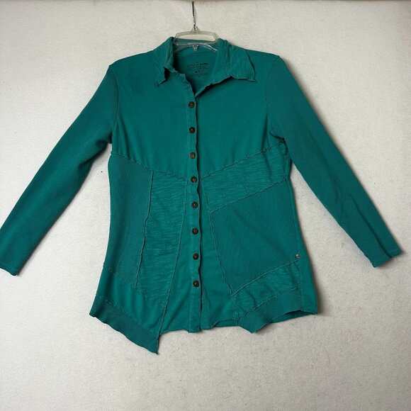 Neon Buddha Shirt‎ Sz M thermal mixed media button up turquoise blue raw seams - Picture 1 of 5